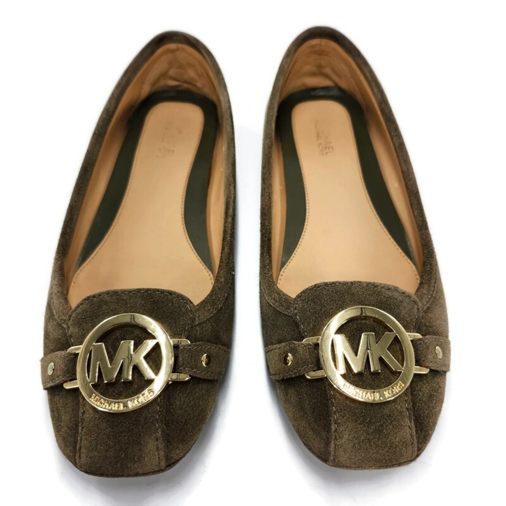 Michael Kors Fulton Dark Olive Green Suede Gold MK Logo Slip-On Driving Loafers - Picture 3 of 14